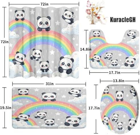 Funny Kawaii Baby Animal Panda Shower Curtain Sets 4 Piece,Watercolor Colorful Rainbow Clouds Bathroom Decor Sets with Rugs,Cartoon Panda Bears Waterproof Toilet Lid Cover Bath Mat