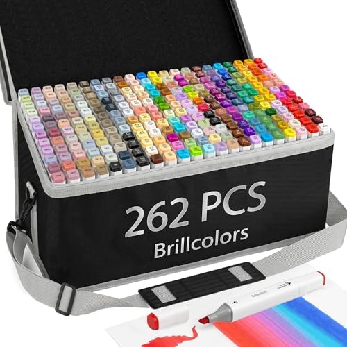 Brillcolors 262 Colors Alcohol Markers Set with Base Dual Tip Drawing Markers for Comics Coloring Sketching Illustration (262 White) -Refillable