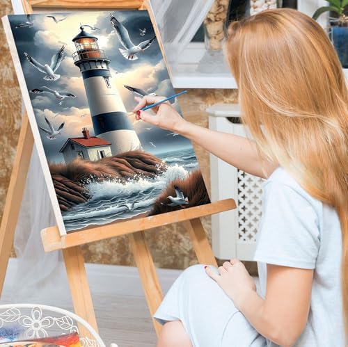 Bowetile Framed Paint by Numbers Lighthouse for Adults Beginners, Adults' Paint-by-Number Landscape Kits, Easy Adult Paint by Number Kits on Canvas, Acrylic Number Painting for Home Decor, 8x12in