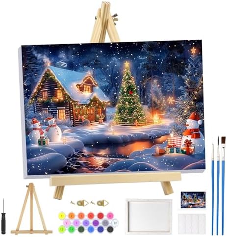MOGTAA Christmas Paint by Numbers Kit for Adults Beginners with Frame, Winter Adult Paint by Number Kits on Canvas with Easel, Easy DIY Snowman Oil Painting Kits for Home Decor, 8x12in