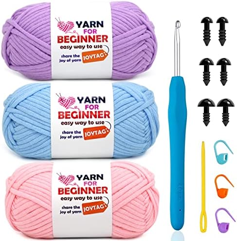 3 Pack Beginners Crochet Yarn Purple Blue Pink Cotton Nylon Blend Worsted Medium 4 Yarn for Crocheting Knitting Beginners with Easy-to-See Stitches (3x50g)