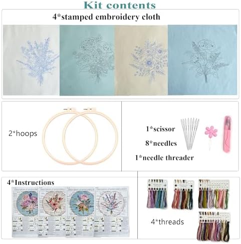 Myfelicity Embroidery Kit, 4 Flower Pattern Embroidery Set with 4 Patterns and 2 Hoops, Adult and Beginner Needlepoint Kit with Embroidery Floss, Needles, Cotton Fabric and Instructions…