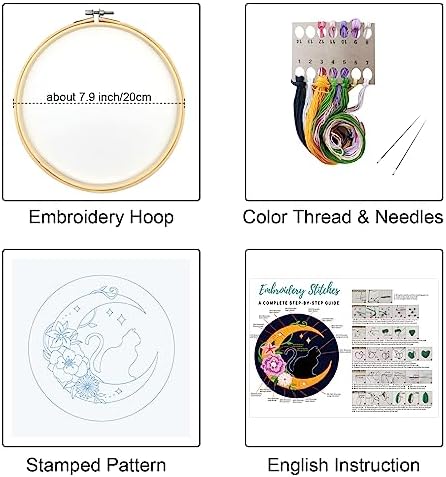 Louise Maelys Cat Moon Embroidery Kit for Beginners Floral DIY Craft Set