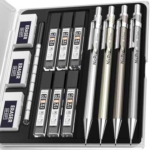 Nicpro 4 Pack Mechanical Pencil 0.7mm, MB1000 Metal Mechanical Pencil Set