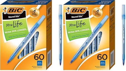 BIC Round Stic Xtra Life Ballpoint Pen with 1.0 mm Medium Point and Consistent Ink Flow in Blue Ink, 60 Count (Pack of 2)