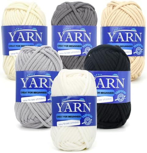6 Pack Beginners Crochet Yarn Black Grey Beige White Cotton Nylon Blend Yarn for Crocheting Knitting with Easy-to-See Stitches - Black White Series