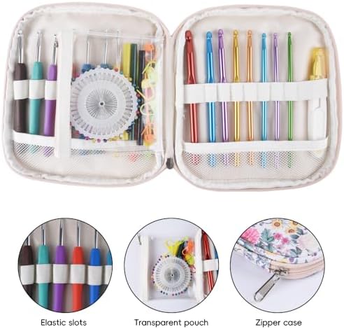 Crochet Hook Case,Portable Zipper Storage Organizer Bag for Crochet Hooks, Knitting Needles, Project & Sewing Supplies, Lightweight,Easy to Hold (No Accessories Included).Beige Flower Clusters