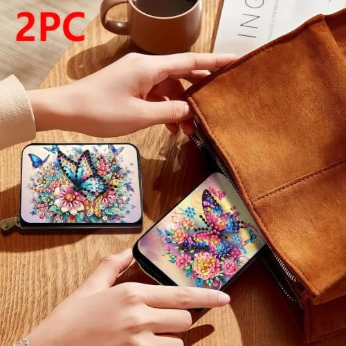 DDGYP 2PCS PU Leather Diamond Art Zipper Card Holder Butterfly