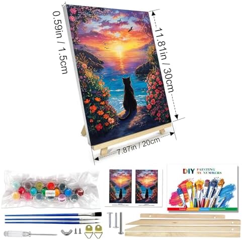 JOOZ Paint by Numbers Kit for Adults with Frame, Black Cat Paint by Number with Easel, DIY Seaside Sunset Flowers Paint by Numbers Landscape for Home Wall Decor 8 x 12 Inch