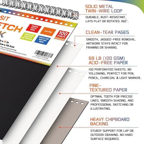KLASIT 9"x12" Sketch Book,Top Spiral Sketchbook,100 Sheets(68lb/100gsm) | Acid-Free Drawing Paper Pad,For Painting,Sketching,Professional Art Supplies,Adults,Artists And Beginners