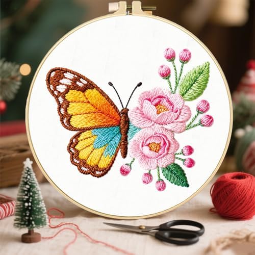 FREEBLOSS 4 Sets Embroidery Kit for Beginners Needlepoint Flower Butterfly Stamped Embroidery Starter Kit with Instructions, Needles, Threads, 2 Hoops 11.6"/29.5CM