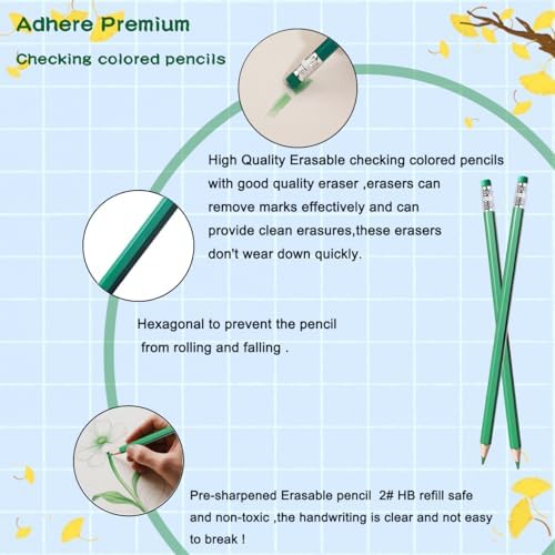 Adhere 25pcs Checking Pencils Erasable colored Pencils Pre-Sharpened #2 HB,for Checking Tests Grading,Map Coloring, editing Office Favors,including a Free sharpener. (Green)
