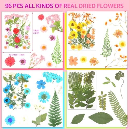 96Pcs Dried Pressed Flowers for Resin, Bulk Natural Dried Flowers,for Scrapbooking DIY Art Crafts Resin Accessories, Soap,Candle Making Nails Decor. Epoxy Resin Jewelry Molds.Craft Making