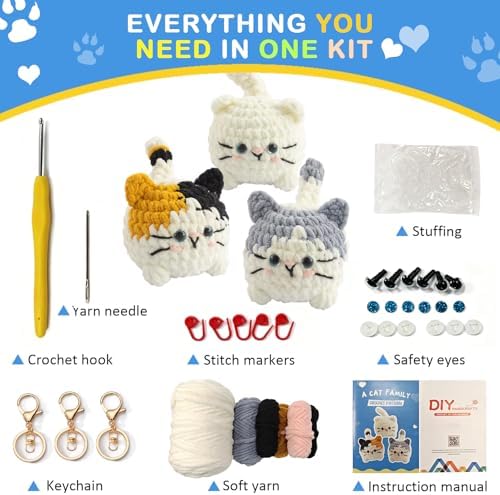 Morcolplus Crochet Kit for Beginners, 3-Pack Amigurumi Animal Crochet Starter Kit with Video Tutorials & Instruction Book, DIY Yarn Craft Kit, Gift for Cat Lovers