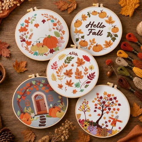 5 Sets Fall Embroidery Kits for Beginners, Autumn Pumpkins and Maple Leaves Embroidery Starter Kit for Adults Thanksgiving Gifts with Stamped Pattern DIY Needlepoint Kit Cross Stitch Set with 2 Hoops
