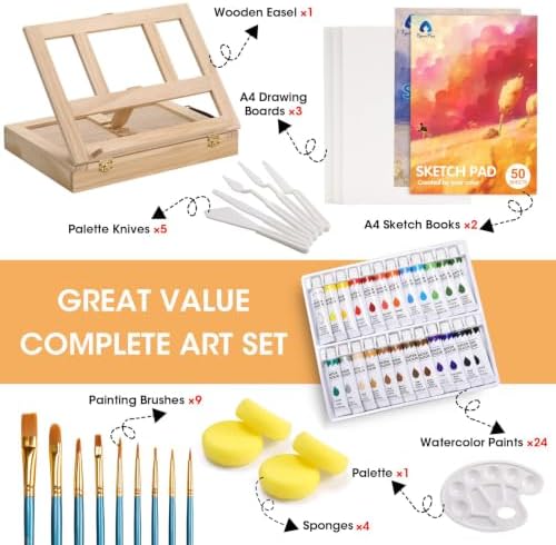 Watercolor Paint Set with Wooden Tabletop Easel, Portable Painting Supplies
