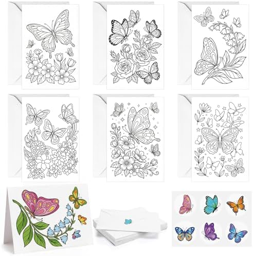 Gueevin 24pcs Butterfly Coloring Greeting Cards with Envelopes and Stickers Butterfly Color Your Own Postcards 4 x 6 Flower Thank You Note Cards for Adults Wedding Birthday Gifting DIY Crafts Mailing