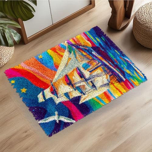Latch Hook Rug Kit Sailboat in Sea Colorful Sky Pre-Printed Handmade Carpet Crochet Yarn Craft DIY Hook and Latch Door Mat Tapestry for Home Floor Decoration 52x38cm-2