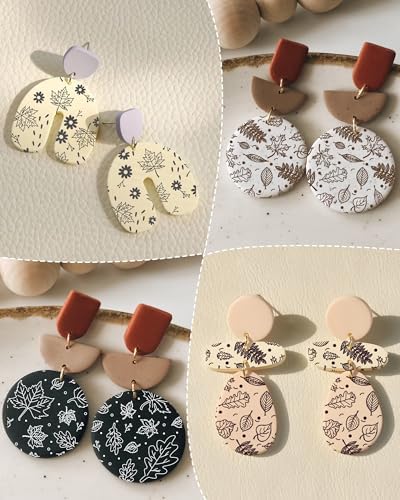 Puocaon Fall Clay Silk Screen - 6 Pcs Silk Screen Stencils for Polymer Clay Earrings Jewelry Making Pine Tree Autumn Leaves