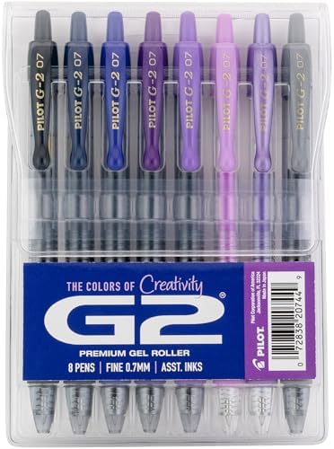 PILOT G2 Gel Roller Pens, G2 Boost Purple Pens Pack, 8 Pack Pouch, Assorted