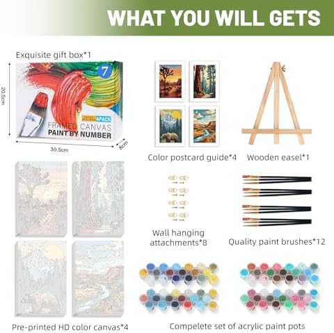 4 Pack Framed Paint by Numbers Kit for Adults Beginner with Wooden Easel, National Park Easy Adult Paint by Number Kits with Frame, DIY Number Painting for Adults Canvas for Home Decor Gift 8x12 Inch