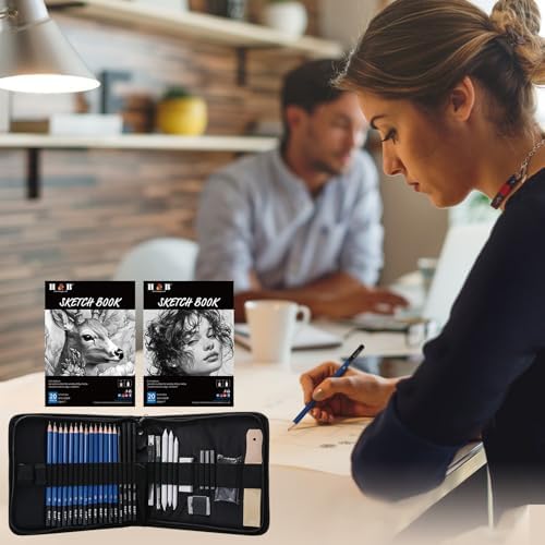 H & B 36 Pack Drawing Set Sketch Kit,Sketching Supplies with 2 sketch pad, Graphite Pencils, Charcoal Sticks, Eraser, Pro Art Drawing Kit for Artists Beginner Adults, Ideal for Shading, Blending