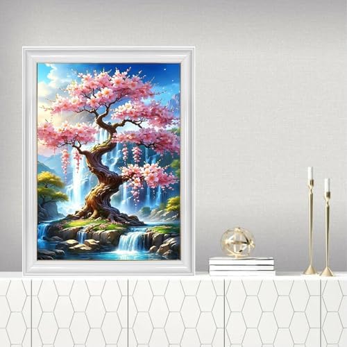 TYPUSOK Waterfall Diamond Art Kits for Adults,Round Full Drill 5D Diamond Painting Kits for Beginners,Cherry Blossoms DIY Diamond Dots Pictures Gem Art Kit,Home Wall Decor 12x16in