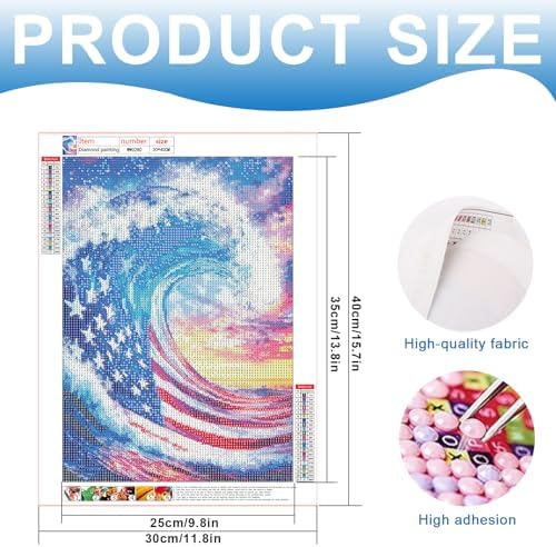 MVVMTOP 4th of July Diamond Painting Kit for Adults, Patriotic Independence Day Decor with American Flag and Wave, 5D Full Drill Round Diamond Art Kit, DIY Crystal Rhinestone Embroidery Painting