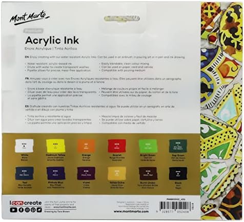 Mont Marte Acrylic Ink Premium 12pc x 20ml (0.7 US fl.oz), Acrylic Inks for Artists, Essential Colors, Ideal for Air Brush, Pouring Art, Scrapbooking, Ink Drawing, Mixed Media