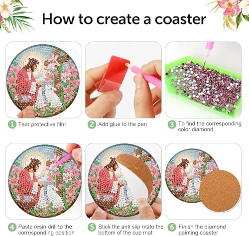 NEGEKFKX 8 Pcs Easter Diamond Art Painting Coasters Kits,Christianity Coaster with Holder for Adults, Non-Slip DIY Dot Paint Craft Kits,5D Full Drill DIY Diamond Dot Gem Art Kit Home Decor Arts Craft