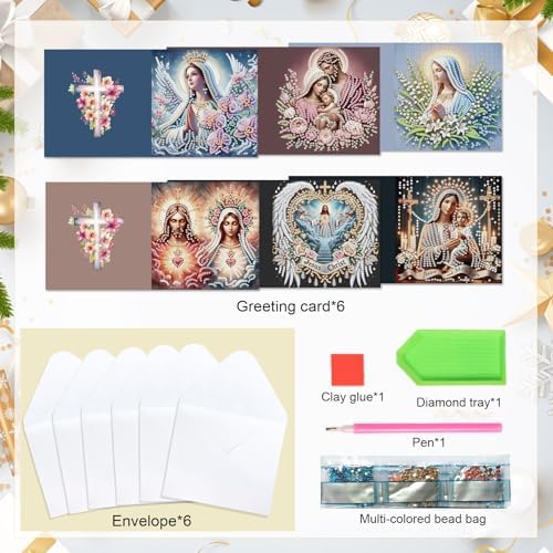 6 Pcs 5D Rhinestone Painting Greeting Cards Kits, Handmade Diamond Art Greeting Cards with Envelopes Holographic Laser Effect DIY Diamond Art Crafts Birthday Cards for Festival Celebrations (Religion)