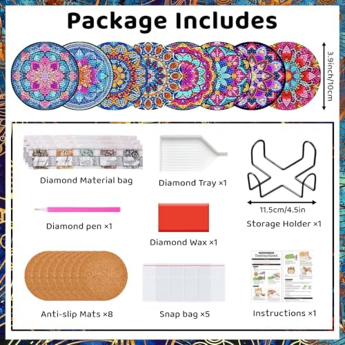 Mandala Diamond Art Coaster Kit with Holder, 8PCS Diamond Painting Coasters