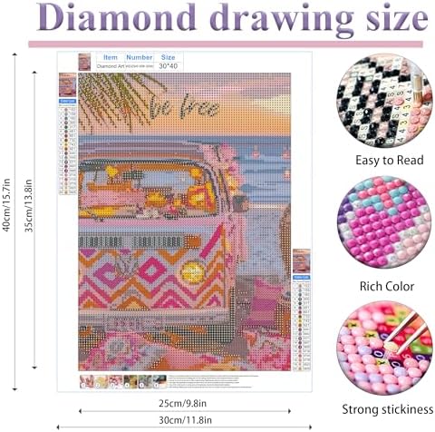 EOPLK Beach Diamond Painting Kits for Adults, Be Free Beach Van Diamond Art Kit for Beginners, 5D DIY Full Drill Round Gem Painting by Numbers for Home Wall Decor Gift, 12x16 inch