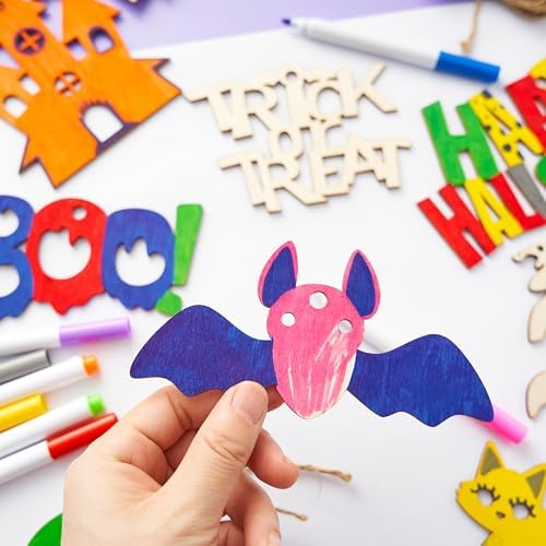 JOYIN 60 Pcs Halloween Craft Wooden Painting Kit, Halloween Party Supplies, Party Favors for Kids, Wood Blank Cutouts Ornaments, Gift Tags Decor for School Art DIY Activities Goodies Games