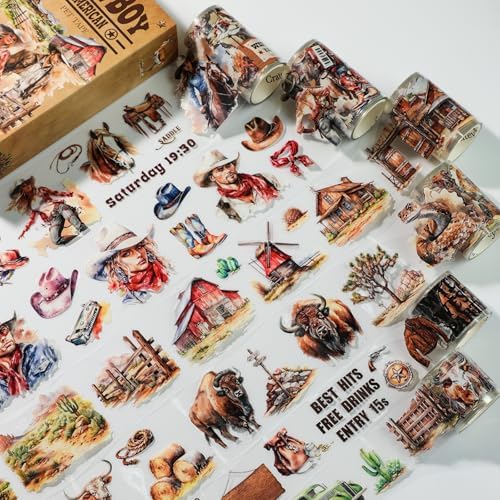 Pre-Cut PET Washi Tape - 6 Rolls, 460 Retro Western Cowboy Designs for Journaling, Scrapbooking Stickers, and DIY Crafts (Transparent, Easy-to-Tear, Durable PET Material)
