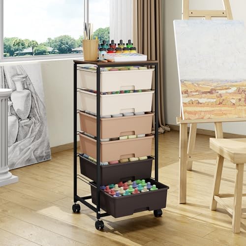 6 Drawer Rolling Storage Cart with Wooden Top and Wheels for Crafts,Brown