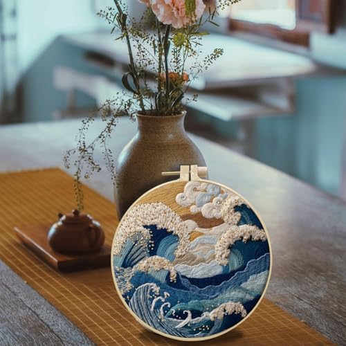 FONNUY Embroidery Kit for Beginners, Stormy Sea Wave Flowers Pre-Stamped Pattern Kits for Adults with Hoop, Easy to Follow Color Thread Needlework, 8'' Hoop (Gold)