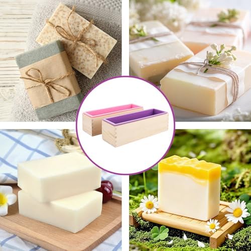5 PCS DIY Soap Making Kit, Silicone Soap Molds Soap Making Supplies for Adults, Bamboo Cutting Box and 2 PCS 44oz Purple Pink Silicone Mold, Stainless Steel Straight Cutter and Wavy Cutter