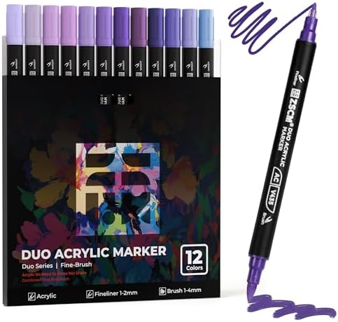 ZSCM 12 Purple Acrylic Paint Markers, Dual Fine & Brush Tip Acrylic Pens