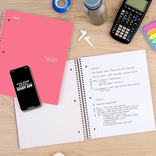 Five Star Spiral Notebook + Study App, 5 Subject, College Ruled Paper, 8-1/2" x 11", 200 Sheets, Fights Ink Bleed, Water Resistant Cover, Prom Pink (820004R)