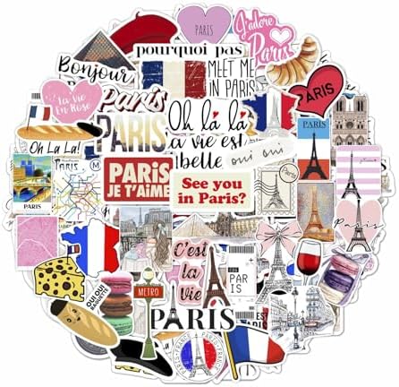 100Pcs Paris Sticker, French Stickers, Eiffel Tower Laptop Decals, Scrapbook & Water Bottles, Paris Party Supplies, Gifts for Women & Men