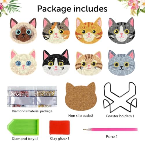 8 Pack Diamond Art Coasters Kits for Adults,Cat Diamond Painting Coasters