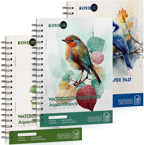 KOVIEDE 100% Cotton Watercolor Paper Pad 7"x10" (3 Pack, 30 Sheets Each)