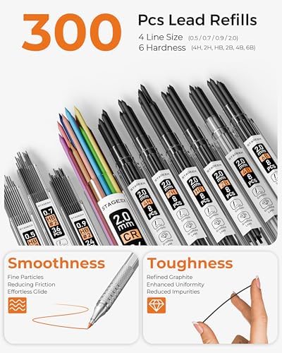 STAGEEK 30Pcs Silver Metal Mechanical Pencil Set with Leather Case | 6PCS Art Drafting Pencils, 0.5, 0.7, 0.9, 2.0MM Mechanical Drawing Pencils, with 300PCS(6B/4B/2B/HB/2H/4H/Colors)Lead Refills