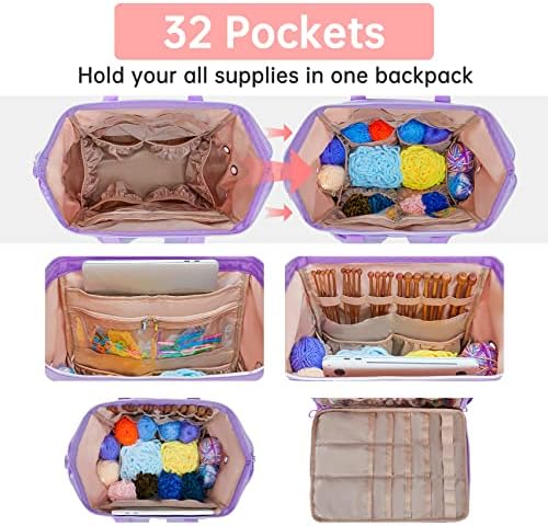 Leudes Knitting Bag Backpack, Yarn Storage Organizer Large Crochet Bag Tote Christmas Gift Yarn Holder Case for Carrying Projects, Knitting Needles (Upgraded Purple)
