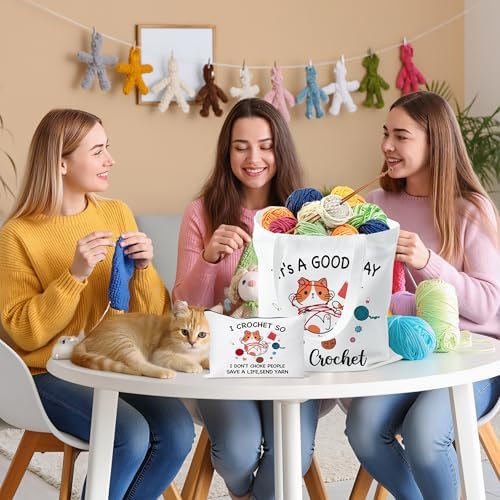 Y1tvei Crochet Canvas Tote Bag - 2Pcs Cosmetic Pouch Tote Bag Reusable Grocery Folding Shopping Bag for Crocheters Women