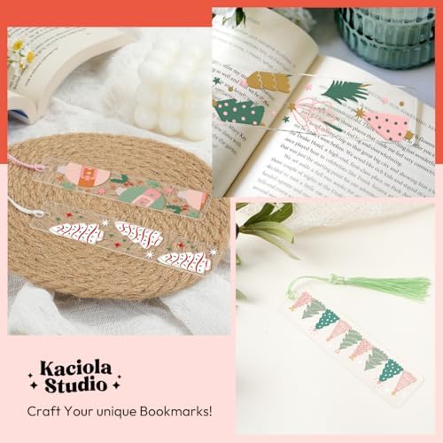 Kaciola 24PCS Acrylic Bookmark Blanks with 24PCS Christmas Theme UV DTF Stickers and 4 Colors Tassels,Blank Bookmarks UV DTF Transfers Stickers for DIY Crafts Hanging Tag Gift Bookmarks DIY