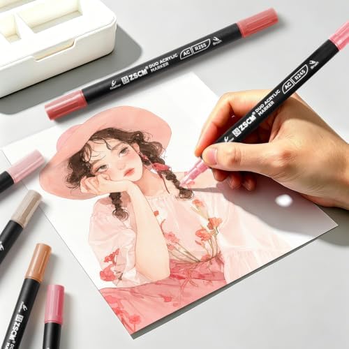 ZSCM 12 Red Acrylic Paint Markers, Dual Fine & Brush Tip Acrylic Pens