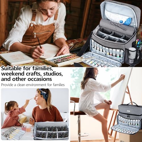 Acrylic Paint and Brush Set Organizer Bag - Carrying Case Compatible with Apple Barrel, Shuttle Art, Caliart Art Supplies - Includes Detachable Paint Brush Holder - for Travel/Outdoor Sketching (Gray)