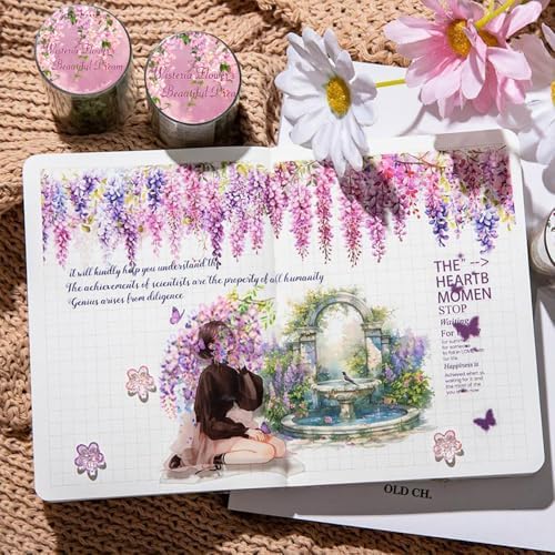 1Roll Spring Floral Washi Tape Vine Glitter Stickers for Scrapbooking, Transparent PET Washi Tapes for Journaling Junk Journal Supplies Flower Scrapbook Tape Decorative Stickers Scrap Booking Supples